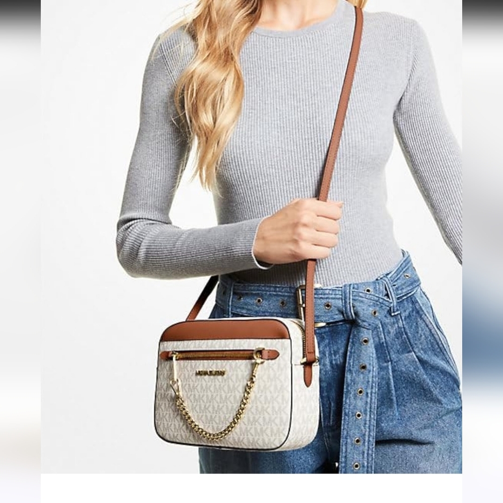 Michael Kors Cream Signature Crossbody with Brown Trim and Gold Chain